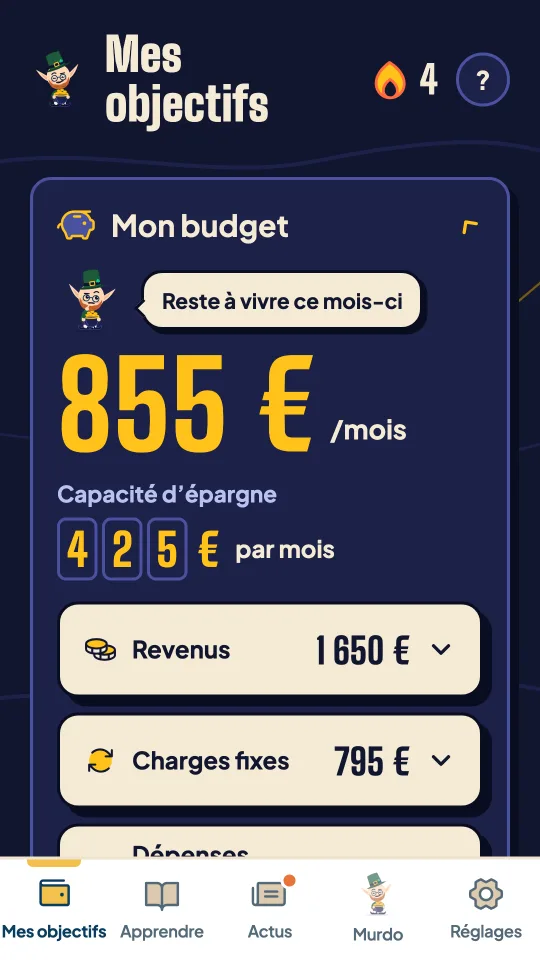 Écran Mon budget : 1 650 € de revenus, 795 € de charges fixes, 430 € de dépenses courantes.